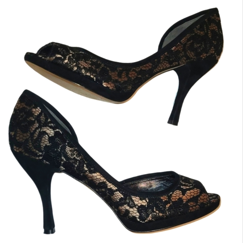 EUC ✨️Via Spiga✨️ Black&Cream Lace Heels👠 Size 7